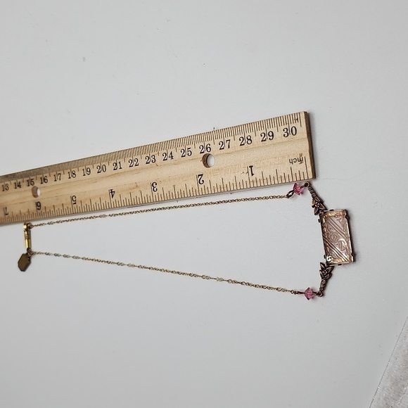 Art Nouveau Necklace Pididdly Links Kingston NY Pink Carved Glass Brass 14" VTG - Picture 8 of 10